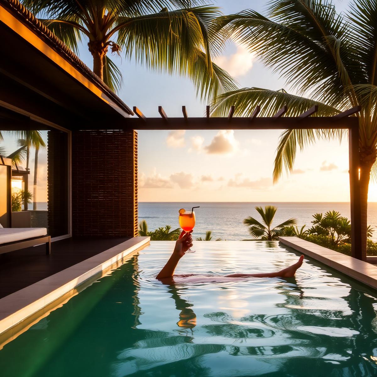 Guest enjoying the private plunge pool at sunset
